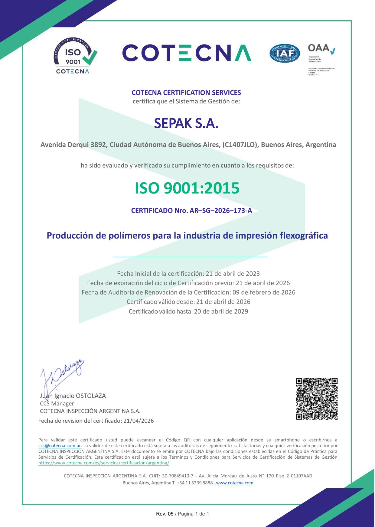 Marca de Certificación ISO 9001:2015 de Sepak S.A. – Cotecna Certification Services